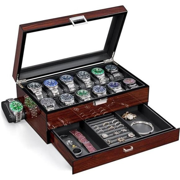 BEWISHOME Watch Box Organizer 12 Slot Glass Top Jewelry Drawer for Men - Picture 1 of 8